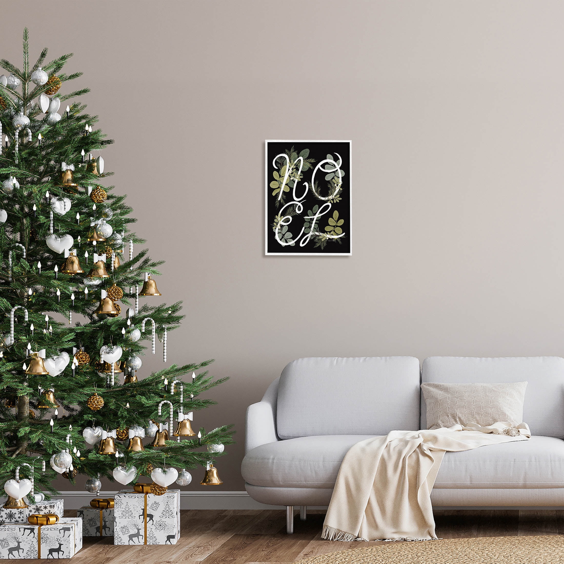 Noel Intertwined Botanical Leaves Holiday Graphic Art White Framed Art Print Wall Art