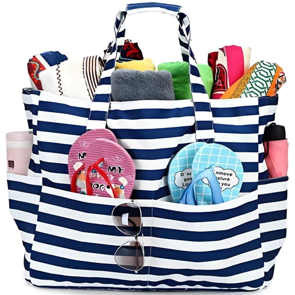 AlmosTen Women Beach Bags and Totes Waterproof,Extra Large 9-Pockets Foldable Beach Bags for Women Waterproof Sandproof Beach Tote Bag,Large Beach Bags with Zipper for Women,Blue Stripe