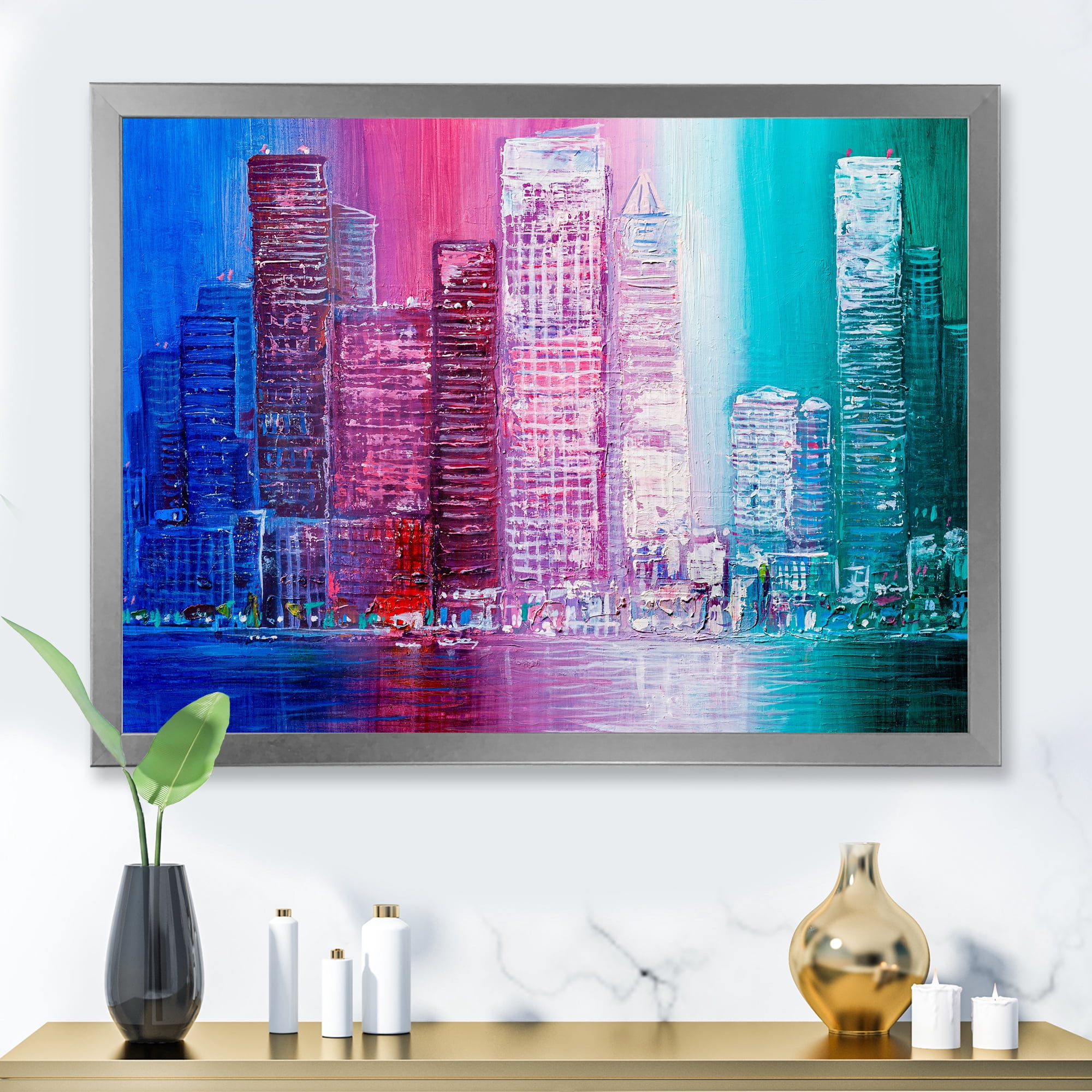 Designart 'Abstract Style Cityscape Panorama Skyscrapers II' Modern Framed Art Print