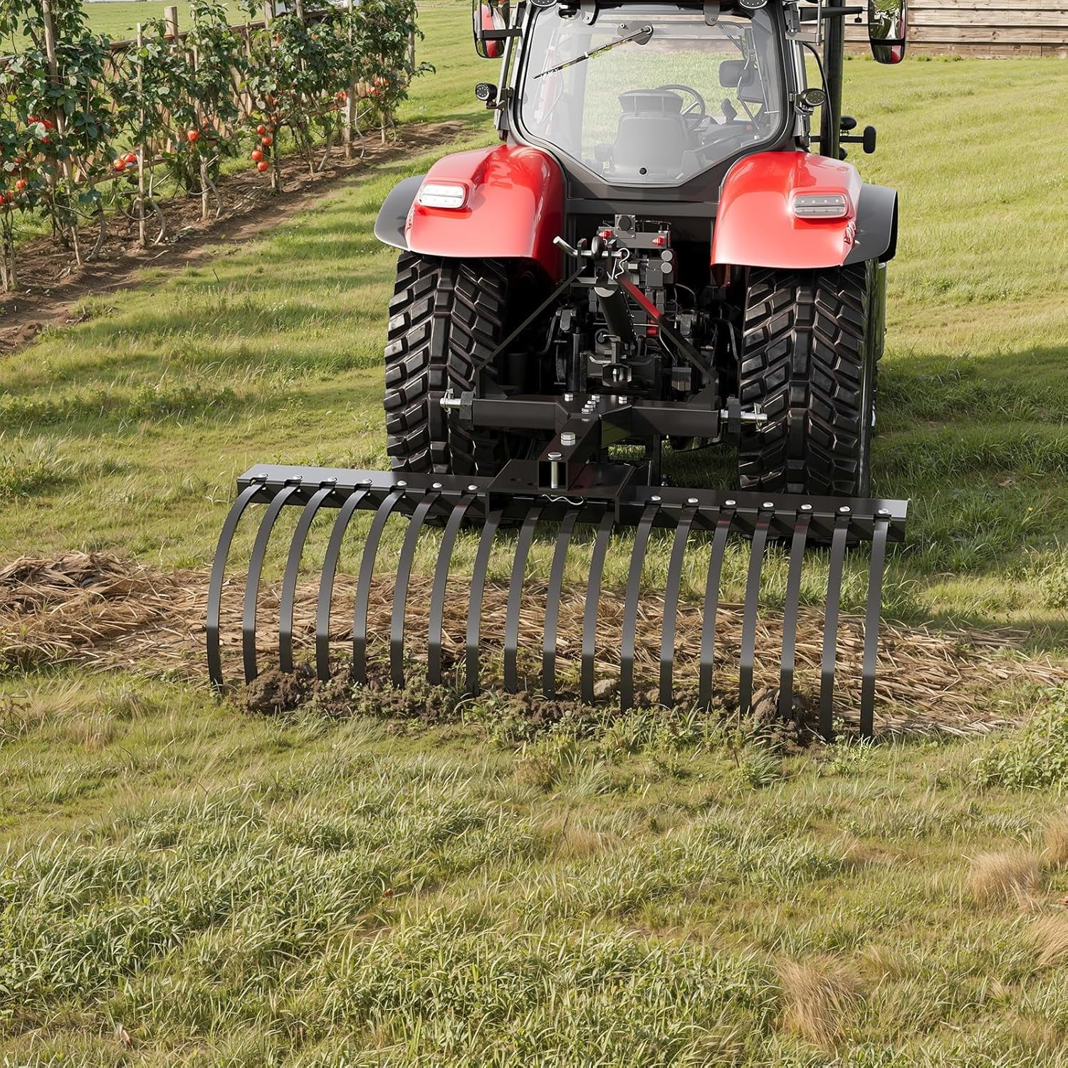 Acekid 50 Inch Landscape Rake for Tractor - 3-Point Tow Behind Dethatcher with 18 Steel Tines, Black