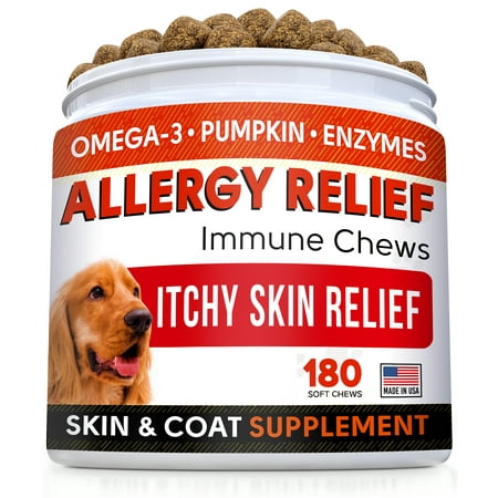 UPC: 0608037667847 | Allergy Relief Dog Treats w/Omega 3 + Pumpkin + Enzymes + Turmeric – Itchy Skin Relief – Immune & Digestive Supplement – Skin & Coat Health – Anti-Itch & Hot Spots -Made in USA