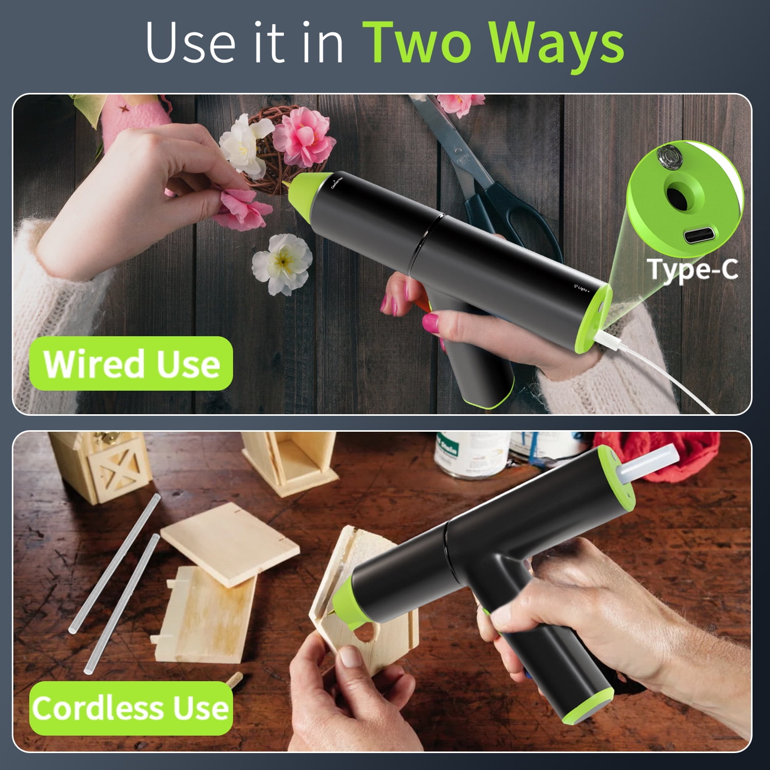 Abewoo Cordless Hot Glue Gun with Glue Sticks Rechargeable Full Size Glue Gun Kit with 10 Glue Sticks 3 Nozzles Tips 3 Finger Protectors for DIY Arts Crafts Working (Black)