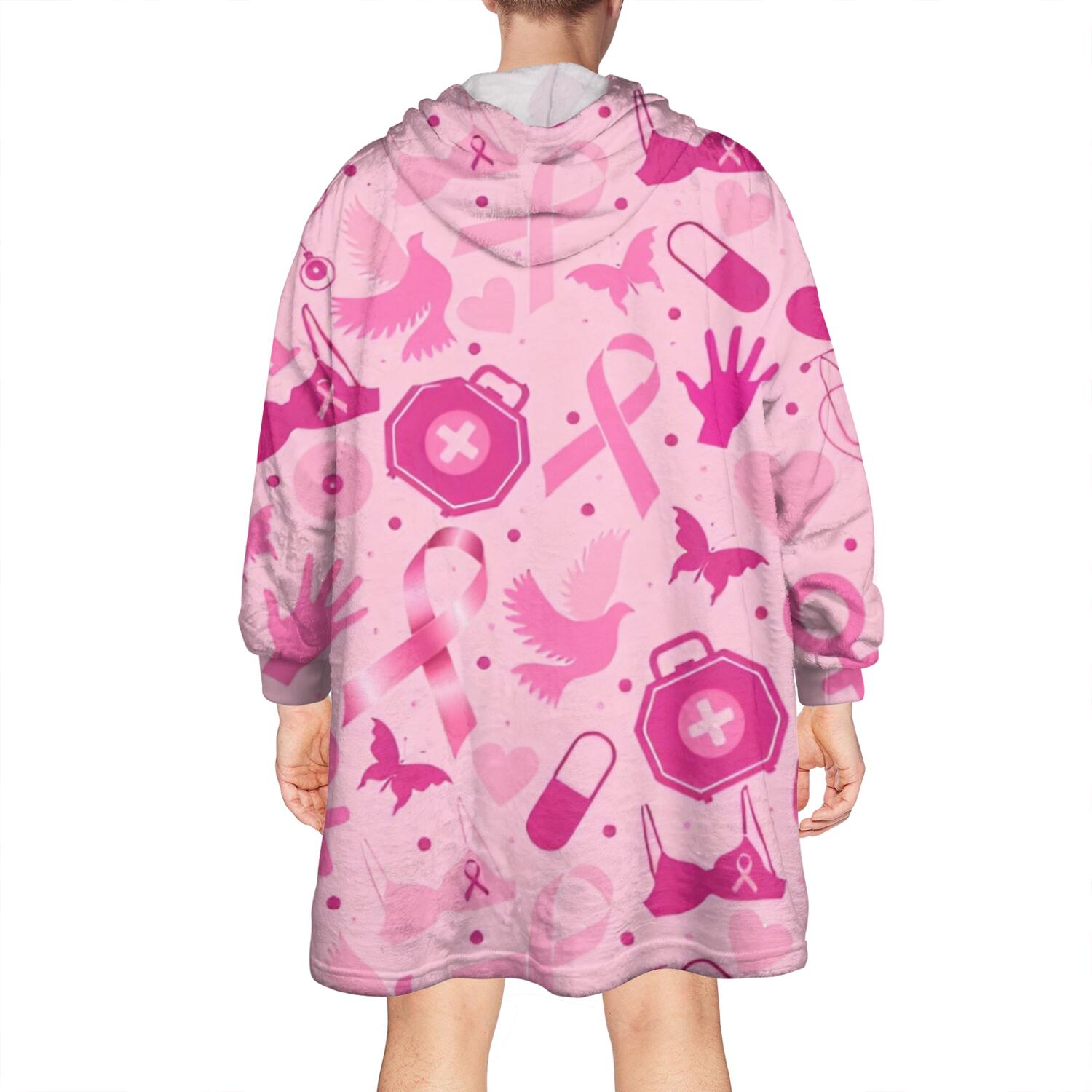 Wearable Oversized Blanket,Pink Breast Cancer Wearable Blanket Hoodie for Adults,Cozy Hooded Blankets with Super Pockets,Super Warm Fuzzy Pullover for Women & Men