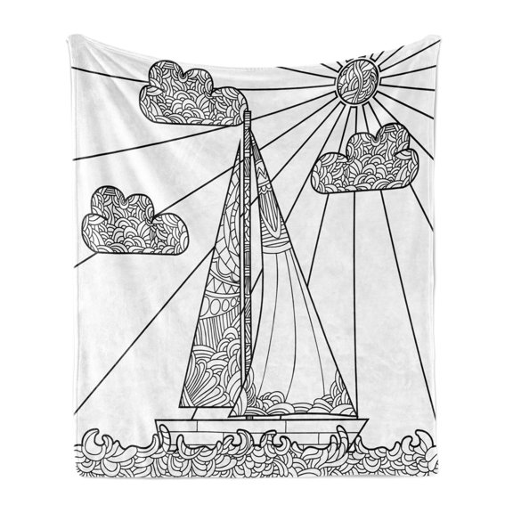 Nautical Soft Flannel Fleece Throw Blanket, Doodle Boat Floating on Waves Ornate Rope Features in Ocean Theme Art, Cozy Plush for Indoor and Outdoor Use, 70" x 90", Black White, by Ambesonne