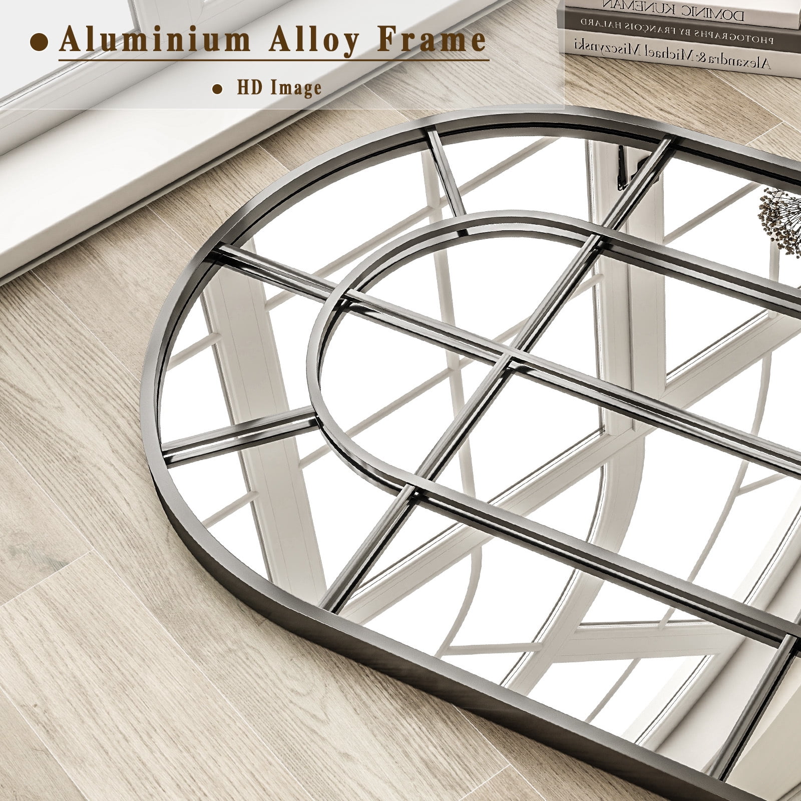 Anyrose 65"x 24" Floor Full Length Mirror, Large Arch Window Pane Mirror, Wall Mounted Mirror, Black