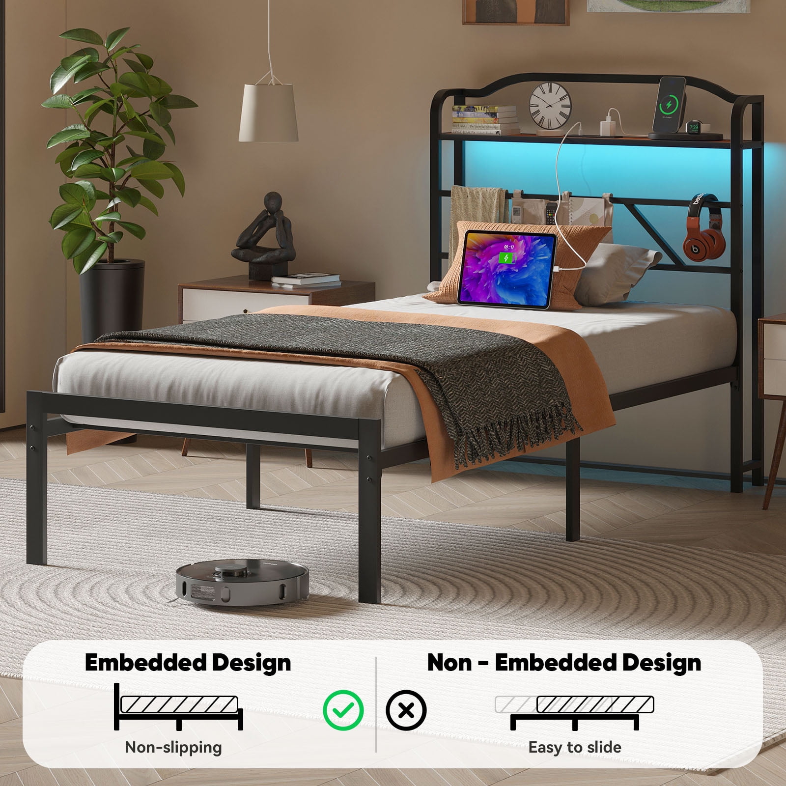 NISIEN Twin Size Bed Frame with LED Storage Headboard & Charging Station, Metal Platform Bed, Black