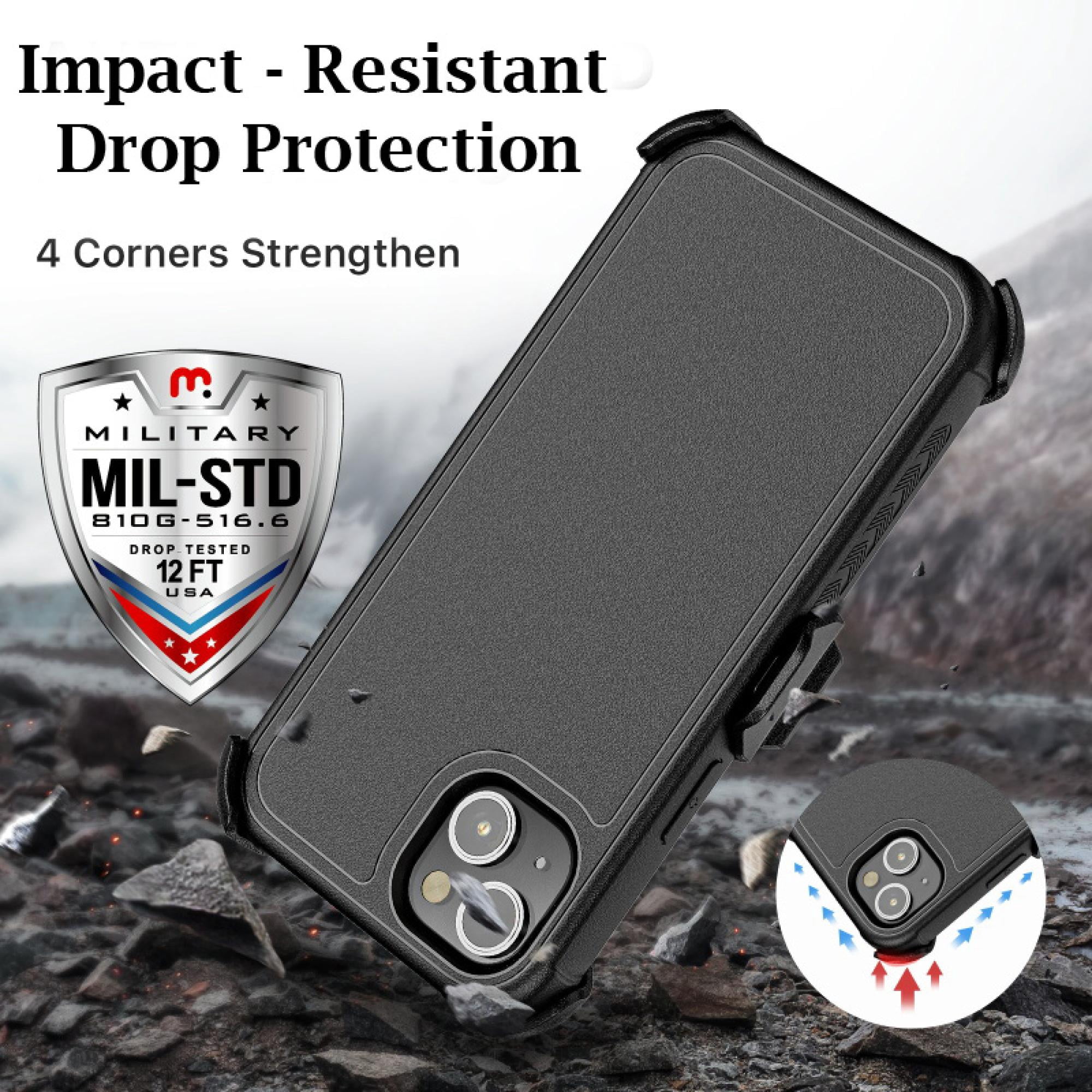 Magnetic Charging-Compatible Rugged Case with Holster & Tempered Glass Screen Protector compatiable with iPhone 16E iPhone 14 iPhone 13
