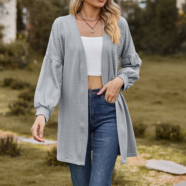 Frostluinai Cardigan for Women Jacquard Open Front Lightweight Cardigan Long Sleeve Lounge Jacket Solid Color Fall Knit Midi Jackets