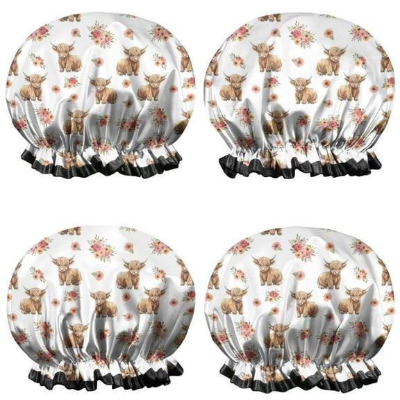 Shower Caps,White Highland Cow Flower Pattern Waterproof Shower Cap for Women 4 Pieces,Double Reusable Hair Cover for Shower PEVA Elastic Stretch Hem