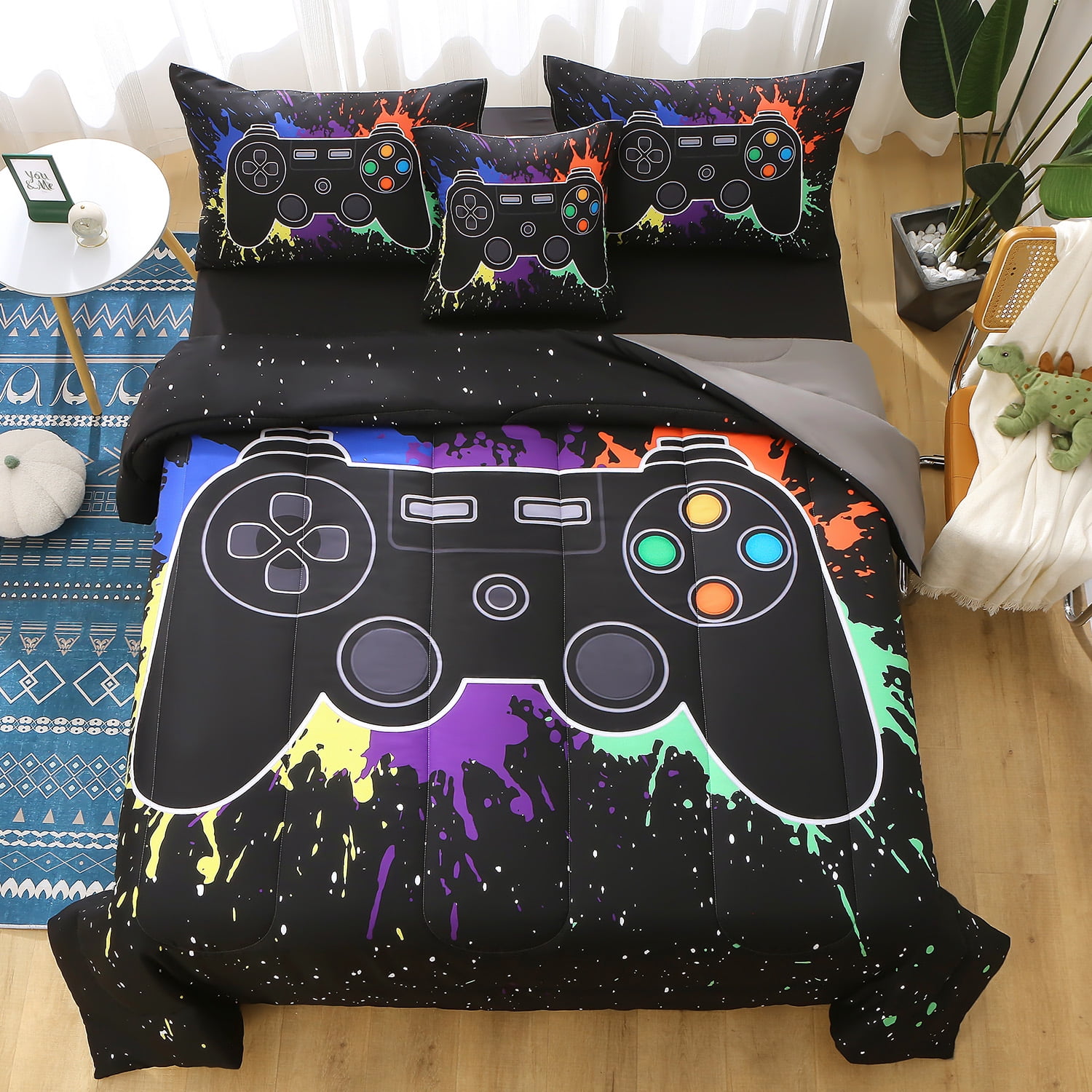 OKKEEY Boy Full Gaming Comforter Sets, 6 Pcs Video Gamer Bed in a Bag for Kids Teens, Ps5 Xbox Bedding Set Children's Room Decor Gift, Soft Microfiber Black Graffiti Game Bed for All Season