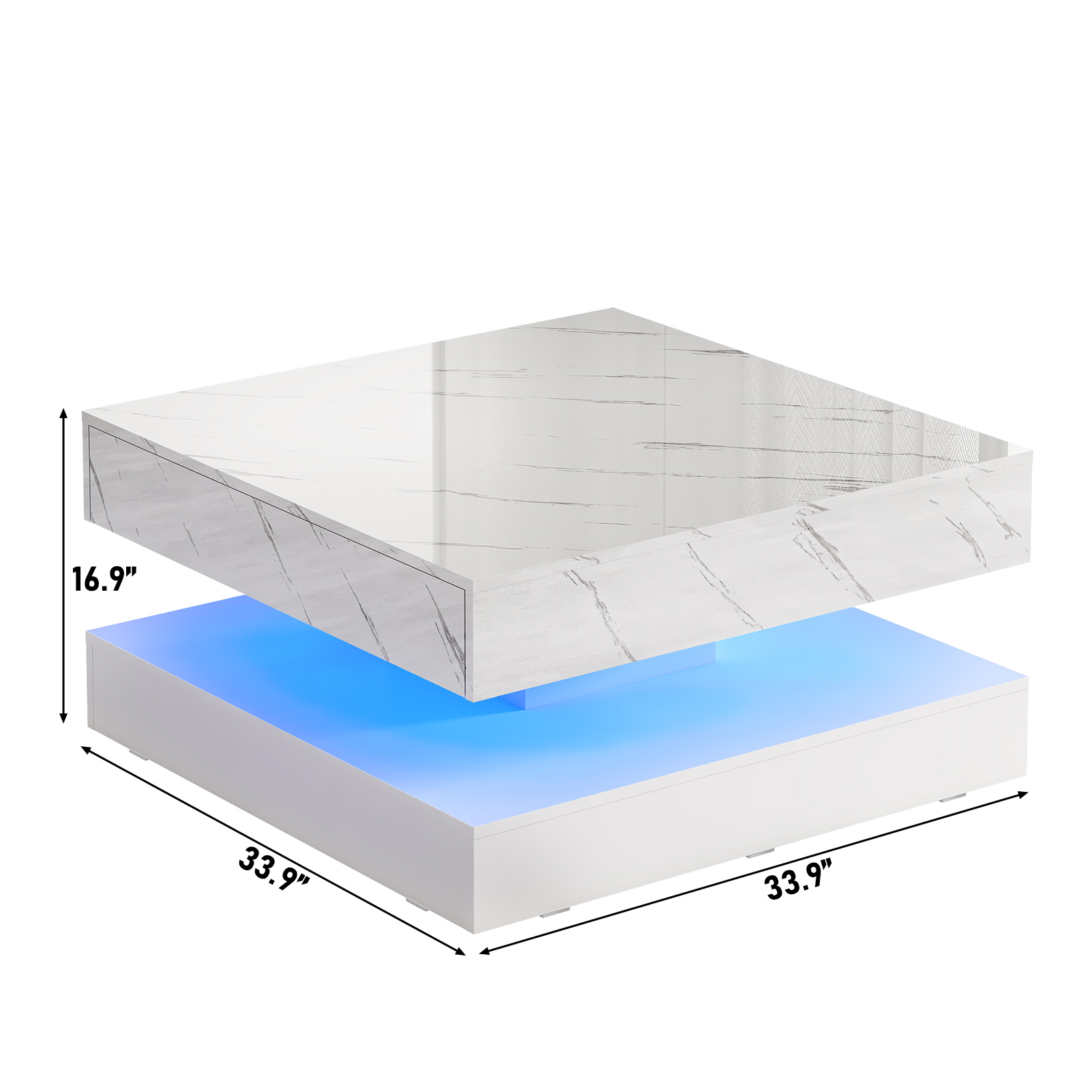 ChVans 34" LED Square Coffee Table with 2 Drawers, 2-Tier White High Glossy Coffee Table with Led lights & Storage Drawer, Modern Living Room Tables