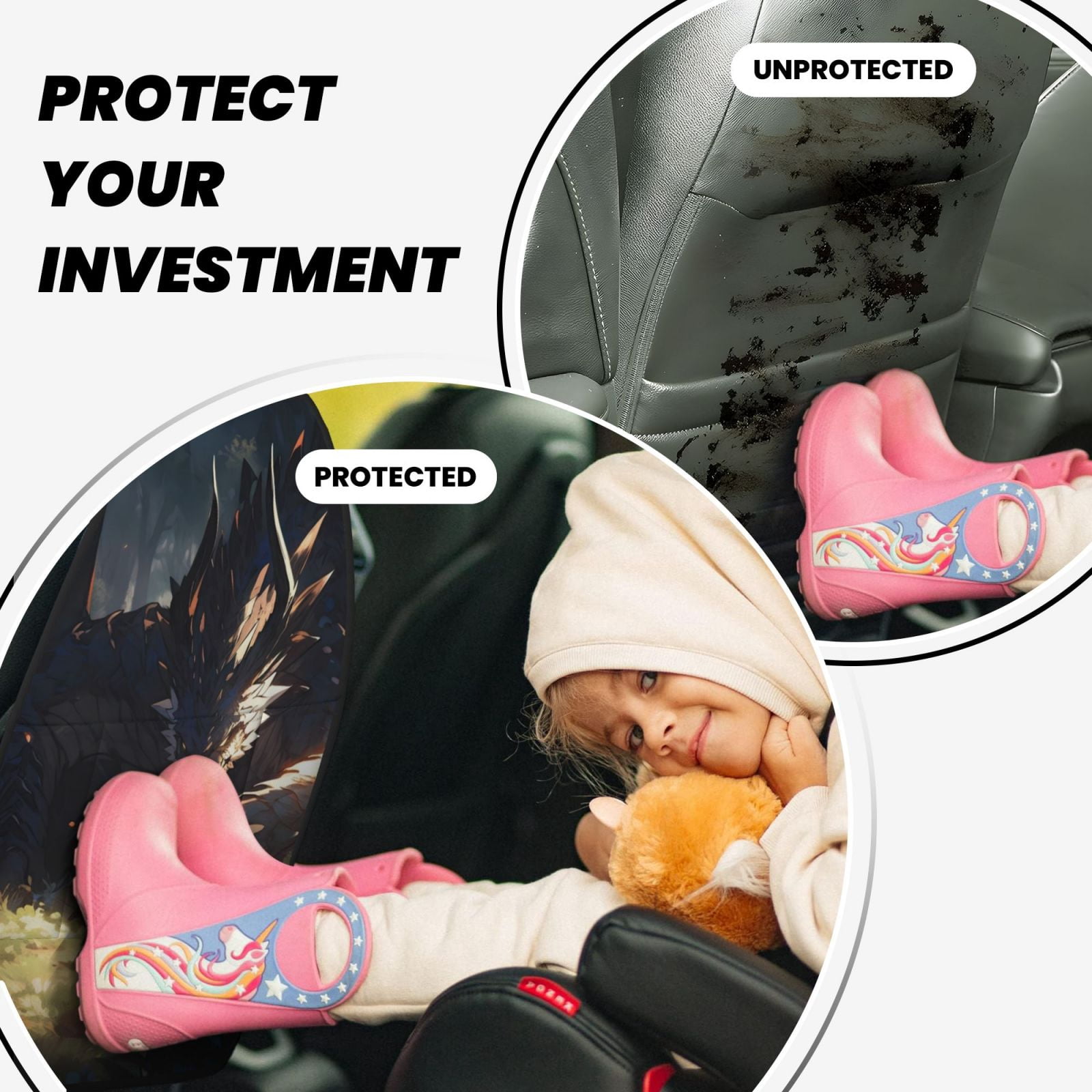 Kdxio Sleeping Dragon In Forest Print 2 Pack Car Kick Mat Seat Cover Back Protector Mat with Pockets for Organizer Backseat Protector and Storage Anti Kick Pad for Vehicles