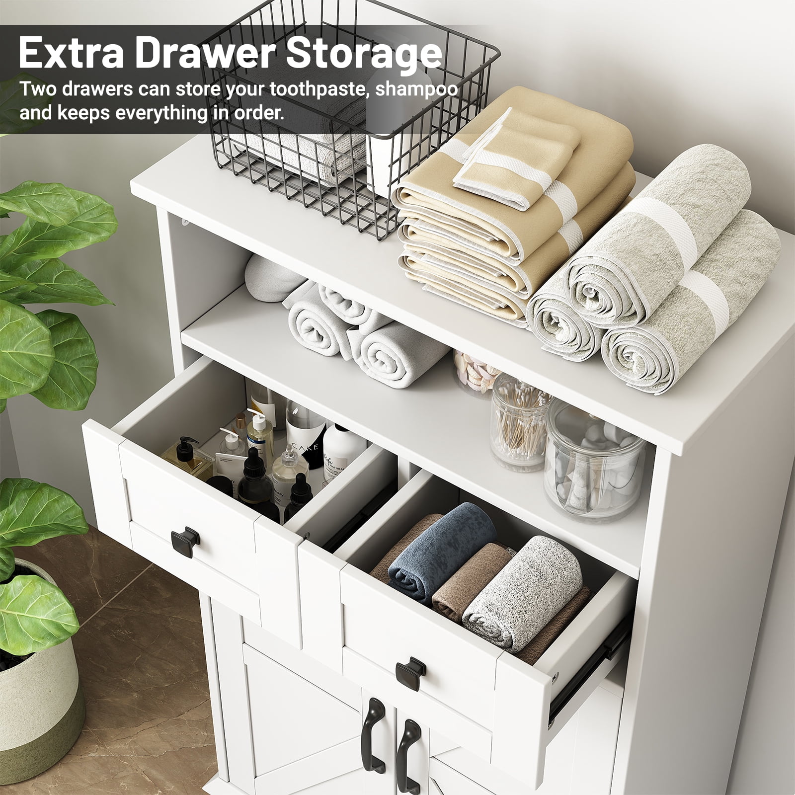 Farmhouse Bathroom Storage Cabinet, Freestanding Bathroom Floor Cabinet with Doors and Drawers, 41.3" H Bathroom Organizer with Adjustable Shelf, White