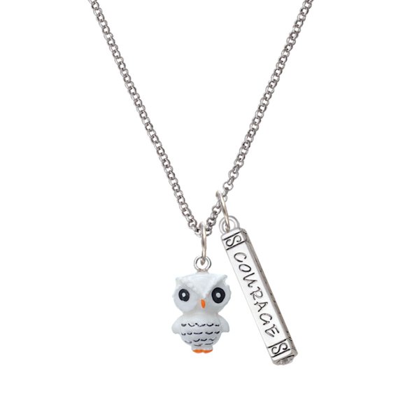 Delight Jewelry Resin White Snow Owl Silvertone Courage Strength Wisdom Honesty Bar Charm Necklace, 23"