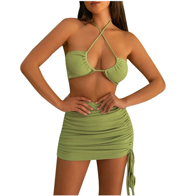 EQWLJWE Womens Tops Fashion Woman Backless Solid Sleeveless Sexy Drawstring Dresses Shirts Sets