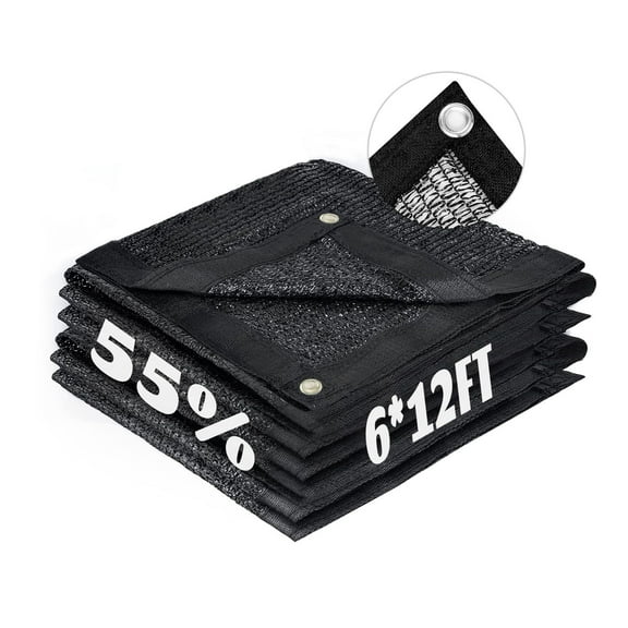 6x12FT 55% Sun Shade Cloth with Grommets, Black Mesh Tarp for Garden Plants Cover Greenhouse Patio Balcony Carport, UV Block Shade Net, Black