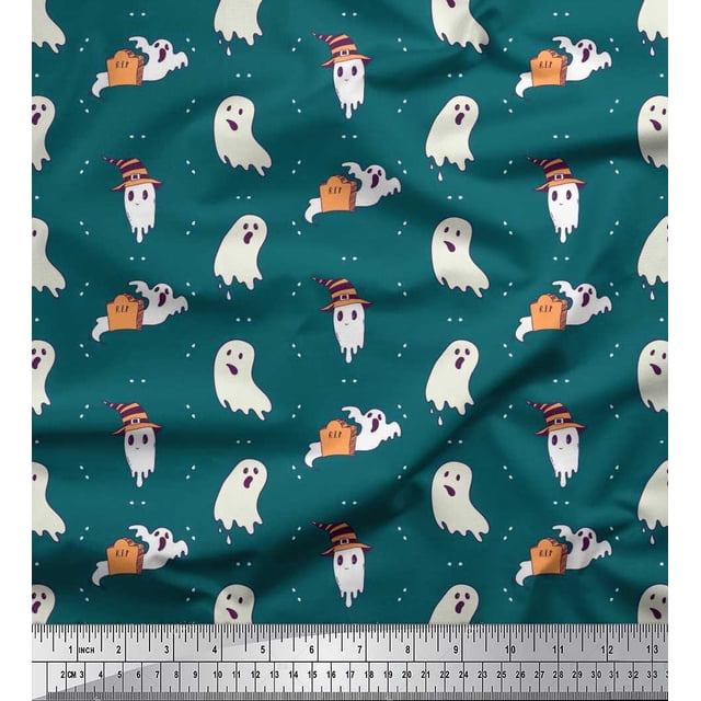Soimoi Crepe Silk Fabric Ghost Halloween Print Sewing Fabric Yard 42 Inch Wide