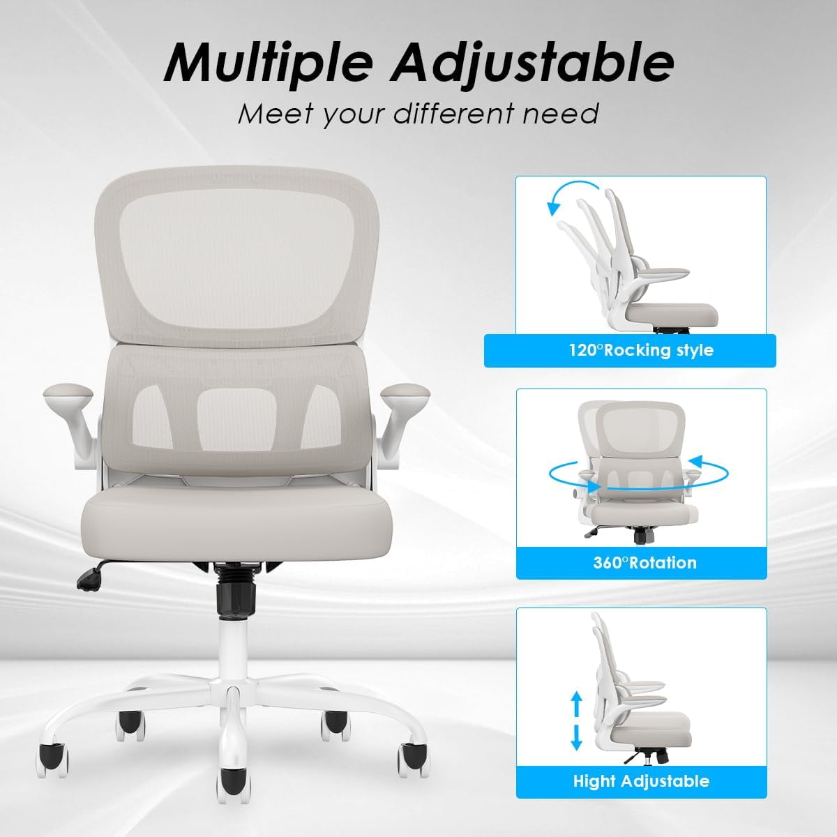 Farini Ergonomic Office Chair, Mesh Desk Chair with Lumbar Support, Comfy Computer Desk Chair with Flip Armrest Rolling Wheels for Home Study Room Office, White & Khaki