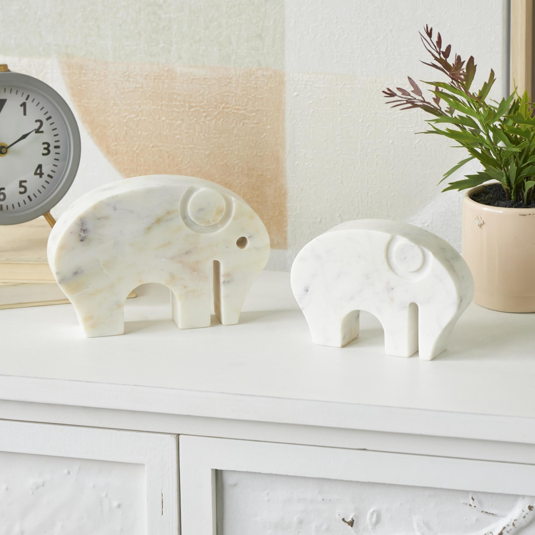 8", 7"W White Marble Rounded Abstract Elephant Sculpture with Gray Marble Veins and Cutouts, by DecMode (2 Count)