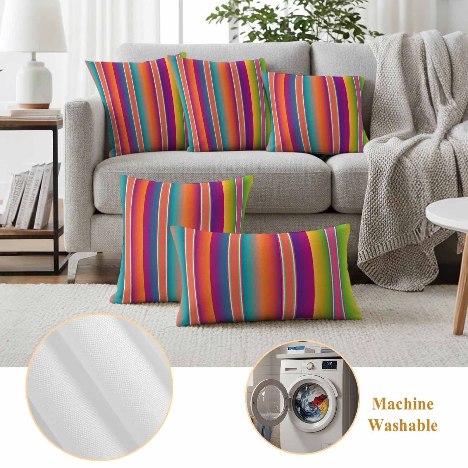 Mexican Style Outdoor Waterproof Throw Pillow Covers 26x26 Set of 2, Colorful Mexico Stripes Orange Purple Decorative Pillowcases Cushion Pillowcase for Couch Sofa Patio Outside Pillow Protector