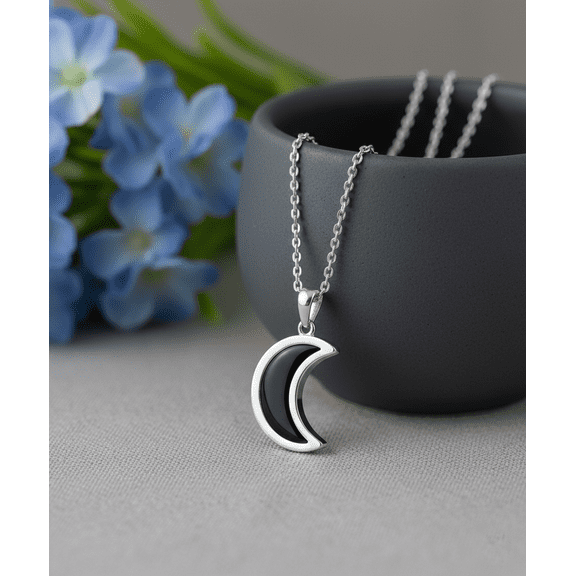 Sechi Black Stone Crescent Moon Necklace 925 Sterling Silver Pendant Jewelry For Women-With Chain