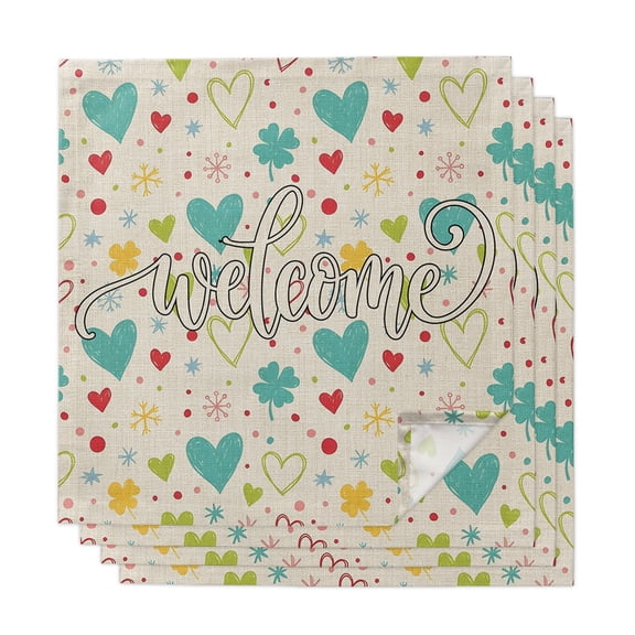 Cloth Napkins Set of 4 - 20x20 Inches, Turquoise Heart Washable Reusable Table Napkins, Rustic Three-Leaves Dots Burlap Soft & Absortbent Dining Napkin for Party Wedding Hotel Restaurant