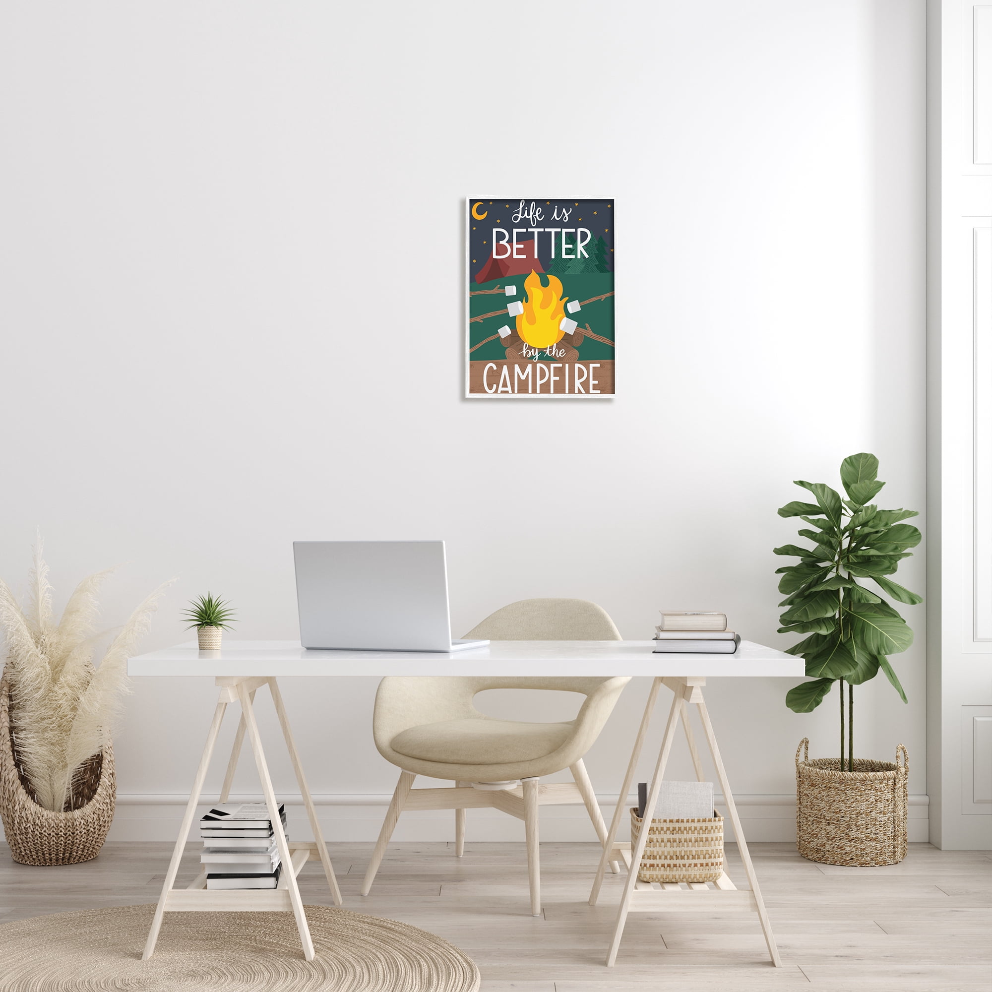Stupell Industries Life's Better by Campfire Phrase Outdoor Summer Adventure Typography Painting White Framed Art Print Wall Art, 16 x 20