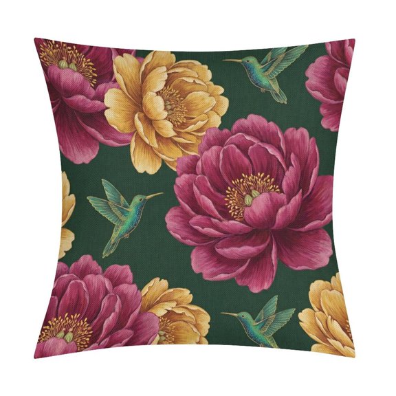 Botanical Peony And Hummingbird Pattern on Dark GreenSet of 2 Premium Faux Linen Pillow Covers, Envelope Style Cushion Cases for Bedroom