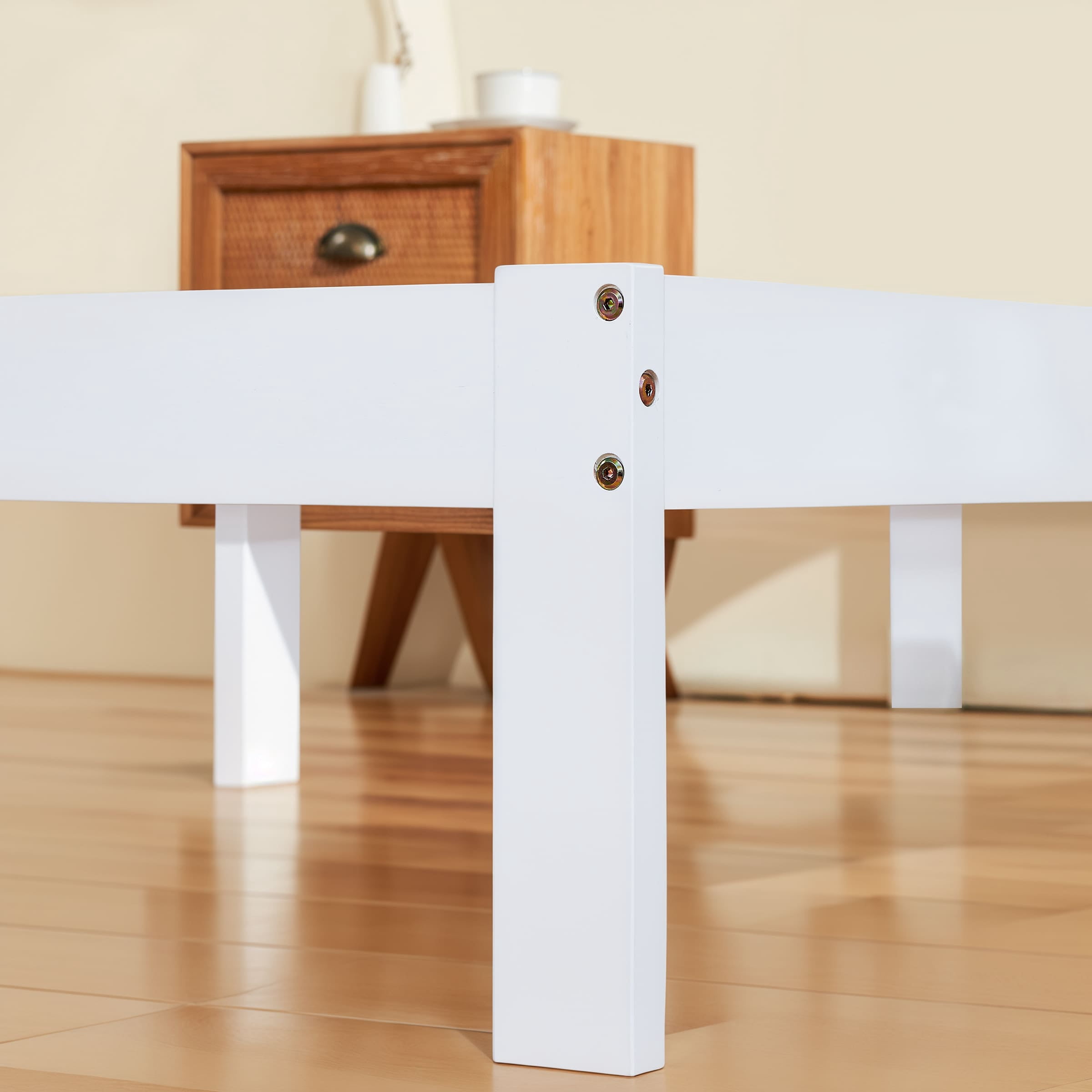 Subrtex 12" Solid Wood Platform Bed Frame with Wooden Slats, White, Queen