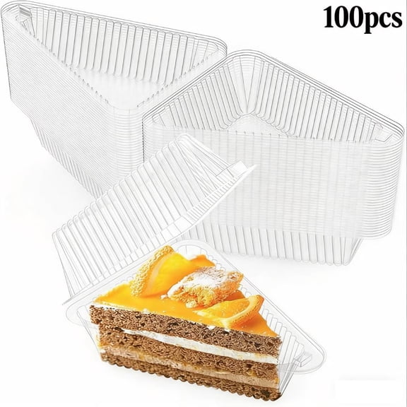 OFEFE 100 Pcs Clear Plastic Cake Slice Containers with Hinged Lids - 4.33 Inch Triangle Cheesecake Boxes for Bakery, Cafe & Home Use, Food Grade Dessert Packaging Containers (Clear)