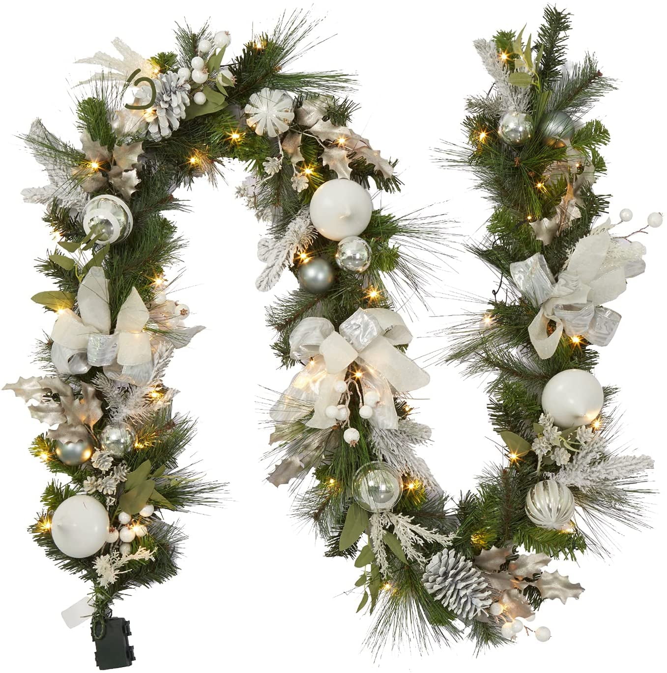 Christmas Garland with Lights, 9 ft Prelit Silver White Christmas