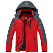JINSHI Men's Snow Jacket Waterproof Ski Jackets Winter Hooded Mountain Fleece Jacket (Red,XL)