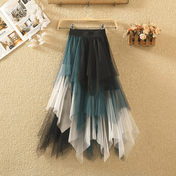 Women's Tulle Skirts High Low Layered Puffy Fairy Skirts Midi Length Irregular Tutu Skirt Green-white-black M