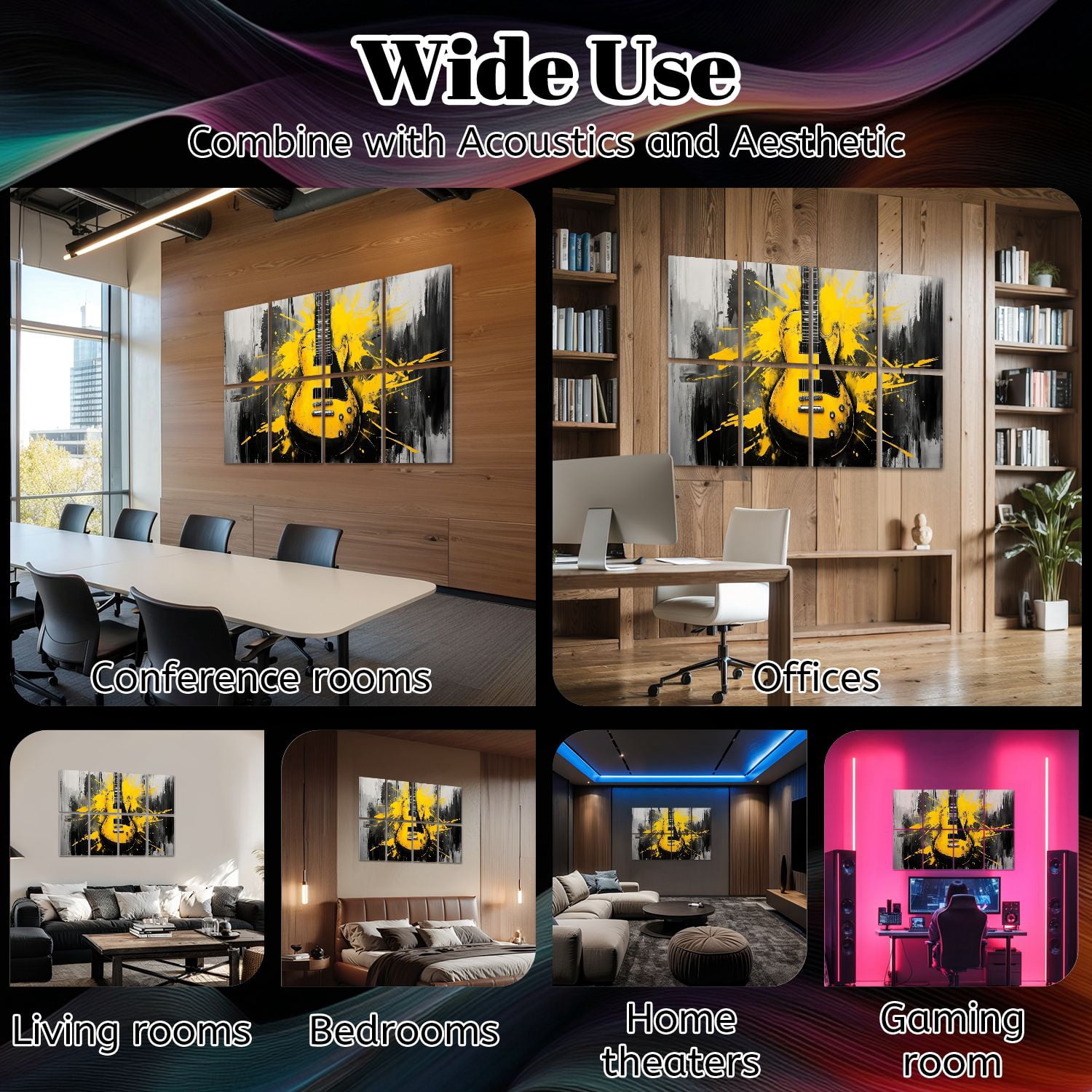 8 Pack Art Acoustic Panels Sound Absorbing Musical Instrument Graffiti Yellow Jazz Drum Piano Pop Music Decorative Soundproof Wall Panels Self Adhesive for Nursery Game Room Bedroom 48"x32"