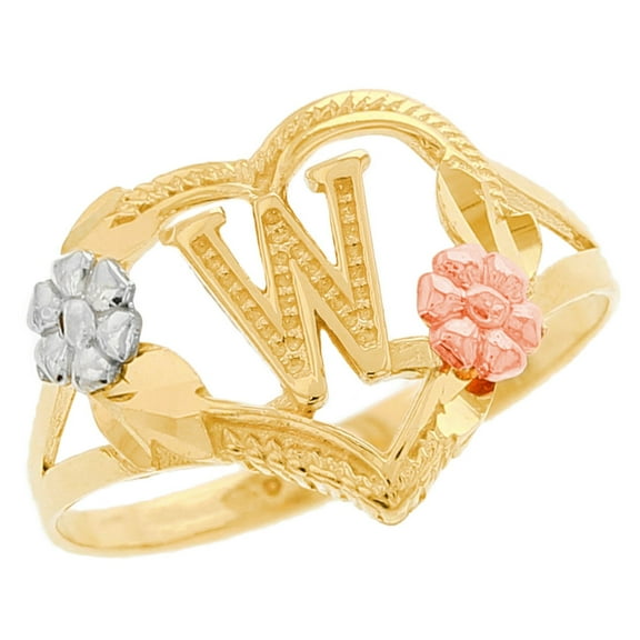 JackAni 14k Multi-Tone Gold Diamond Cut Floral Letter Initial W Heart Ring