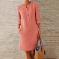 thumbnail image 2 of Winter Fall Dresses for Women Wedding Guest 3/4 Sleeve Round Neck Knee-Length Linen Dress Boho Casual Loose Dress With Buttons, 2 of 5