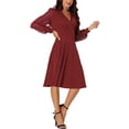 thumbnail image 4 of INSPIRE CHIC Women's Wrap Dress V Neck Lantern Long Sleeves Swiss Dots Midi Dress with Pockets Wine Red S, 4 of 6