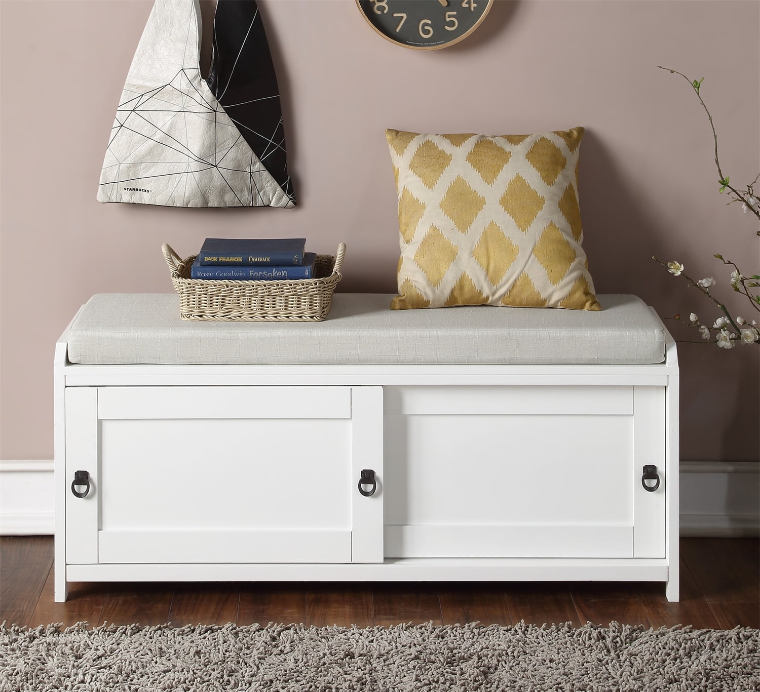 Wood Storage Bench with 2 and Sliding Door, Accent Storage