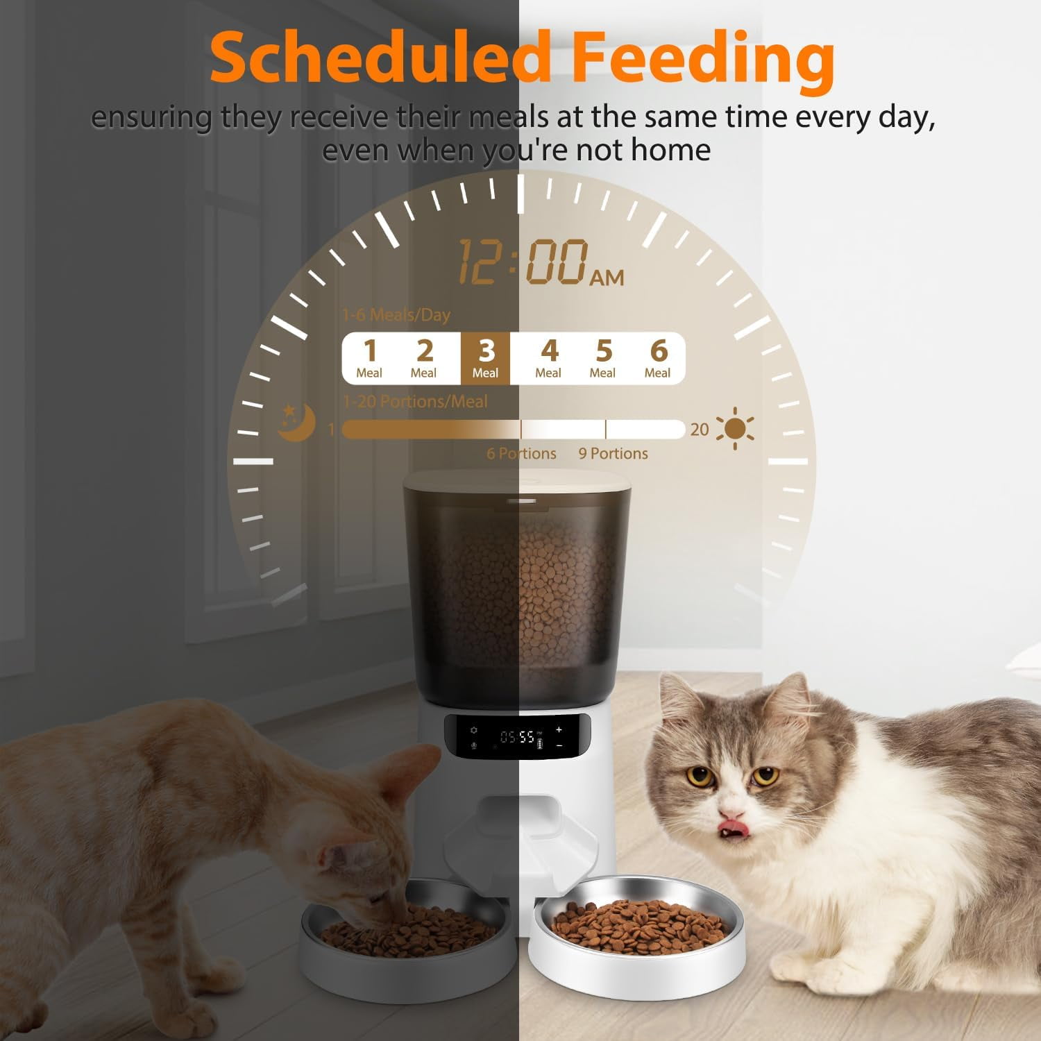 Automatic Cat Feeders for Two Cats, 5L/20 Cups Double Automatic Cat Food Dispenser with 2 Stainless Bowls, Timer Setting 20 Portions 6 Meals Per Day, 10s Meal Call, Pet Feeder for Cat