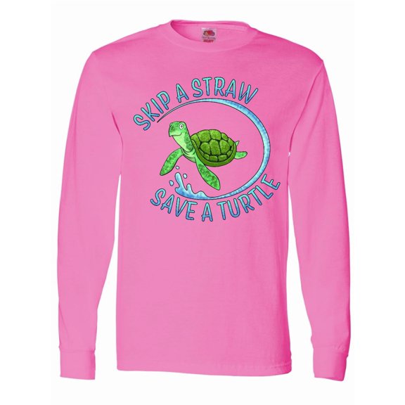 Inktastic Skip a Straw Save a Turtle with Cute Green Sea Turtle Long Sleeve T-Shirt