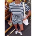 thumbnail image 3 of Womens Geometric Stripe Short Sleeve T-Shirt and Shorts Loungewear Set Dark Blue M, 3 of 7