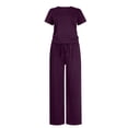 thumbnail image 5 of fheaev Summer 2 Piece Outfit for Women Ruched Short Sleeve Crewneck Tops Wide Leg Pants with Pockets Casual Tracksuit Sets, 5 of 7