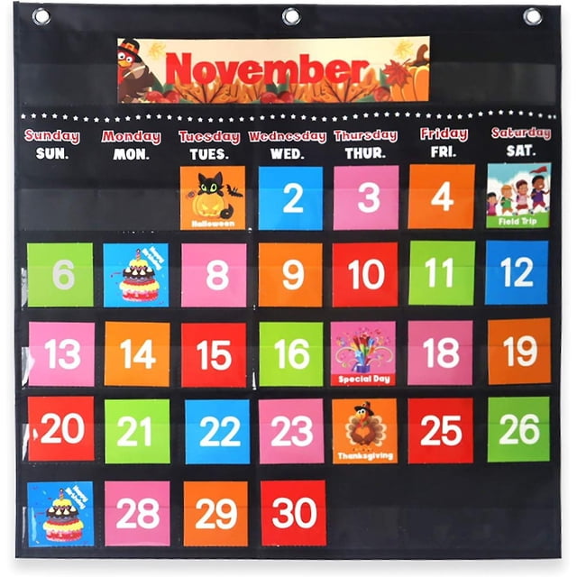 Gráfico de bolsillo con calendario mensual negro con 88 tarjetas, gráfico de bolsillo educativo negro para que los niños aprendan en casa o en la escuela