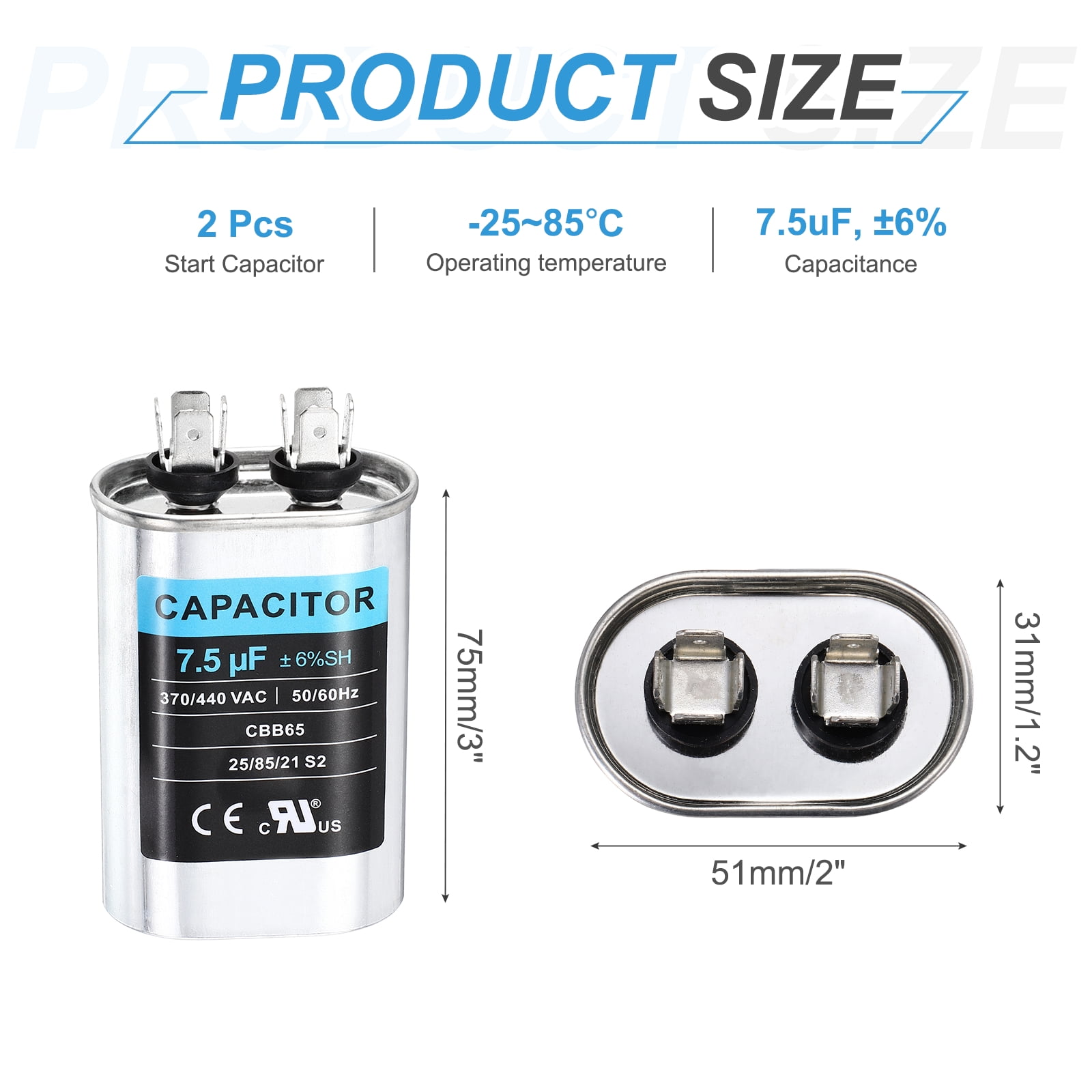 Uxcell 2Pcs 7.5MFD CBB65 Run Start Capacitor 7.5uF, 370/440V Oval AC Capacitor for AC Motor Run, HVAC, Air Conditioner, Condenser Motors
