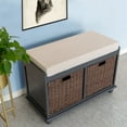 thumbnail image 2 of Solid Wood Shoe Storage Bench with 2 Brown Paper Rattan Drawer and White Cushion, 2 of 8