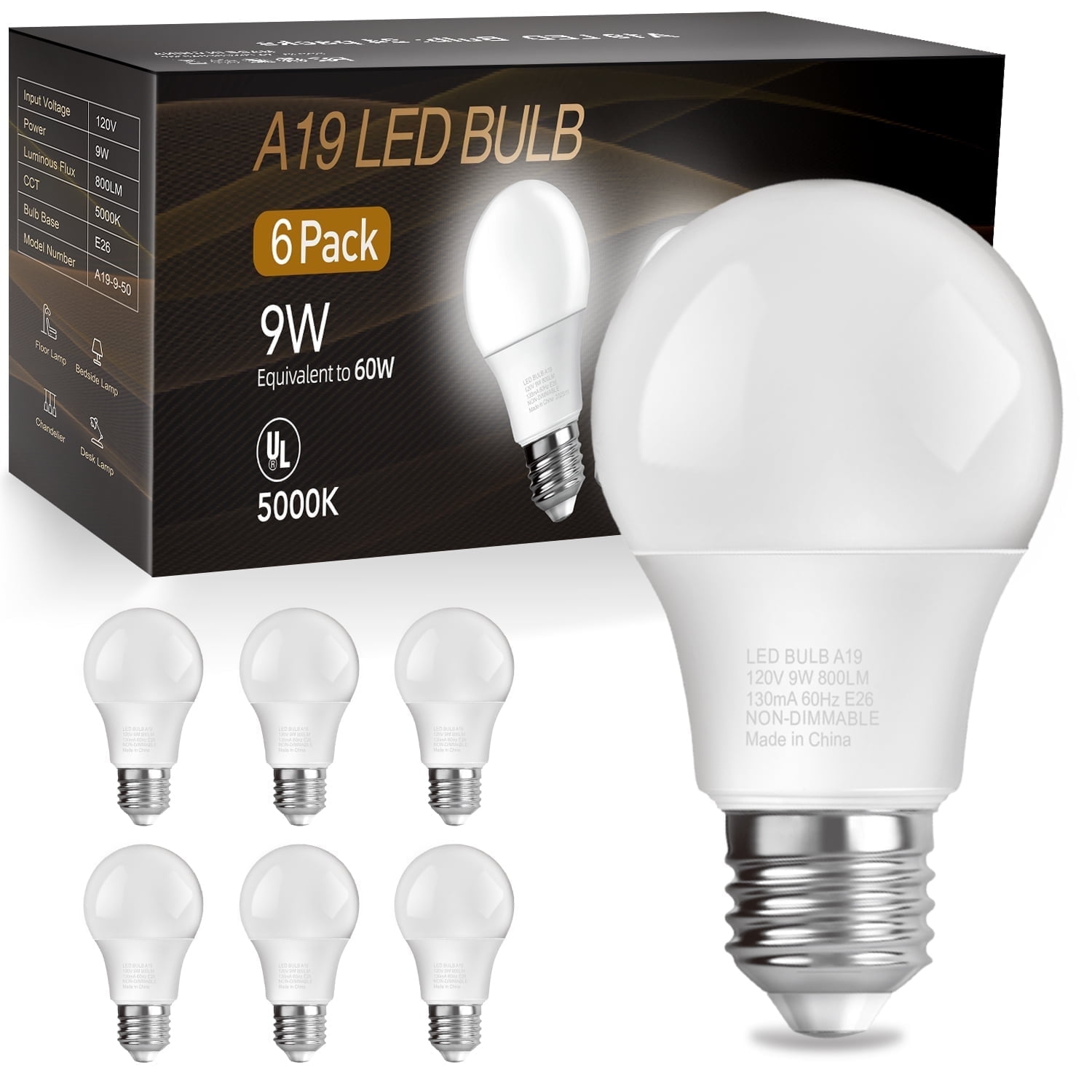 DAYBETTER A19 LED Light Bulbs, 60W Equivalent,5000K Daylight, 9W 800 Lumens,E26 Standard Base,UL Listed,Lighting for Bedroom Living Room Home Office,6 Pack