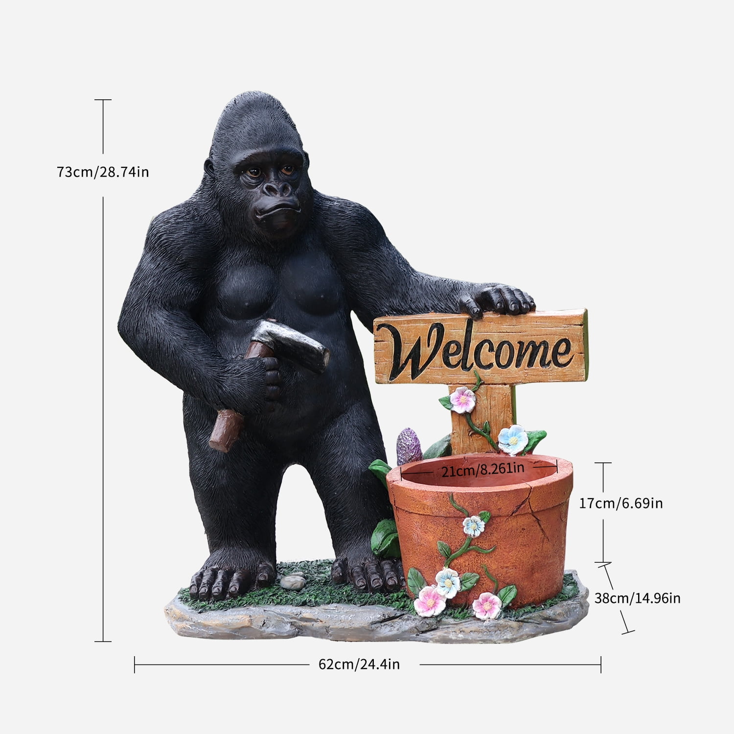 Aukfa Gorilla Garden Statue with Planter and Welcome Sign, Resin Outdoor Animal Sculpture with Built-In Flower Pot for Patio, Lawn, Porch, Entryway, Backyard Decor (Standing)