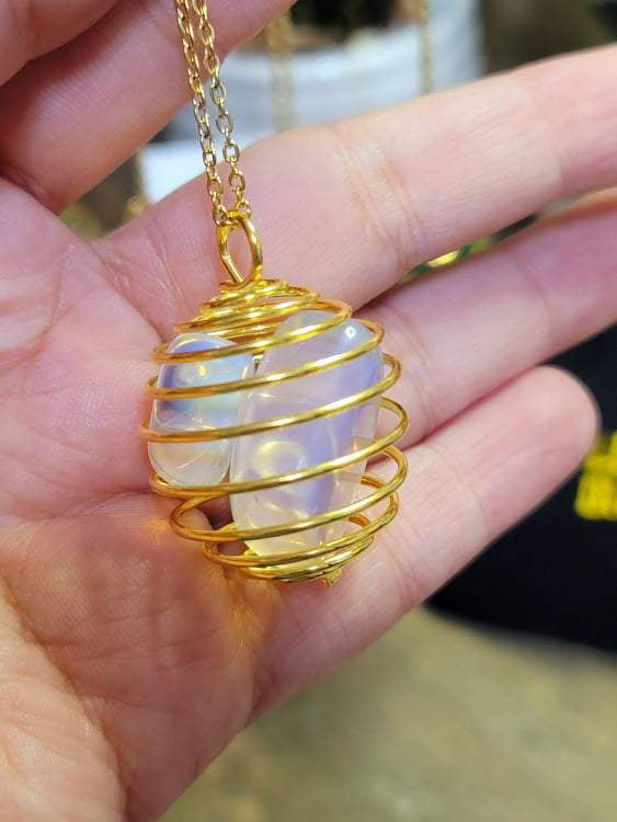 Calming gemstone jewellery 14K Gold-plate Toggle Necklace Selenite Crystal Sphere Pendant Necklace