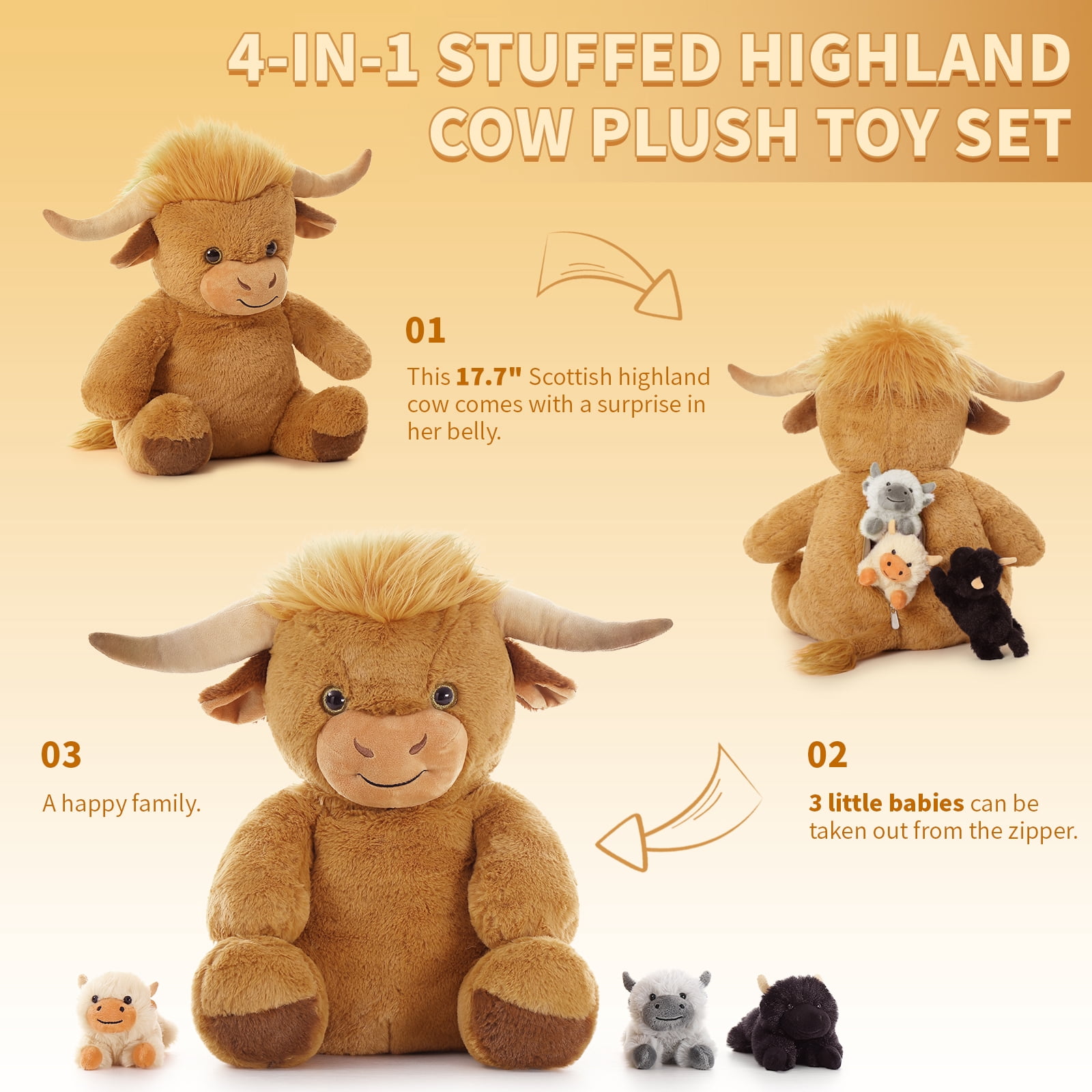 MorisMos 18'' Highland Cattle Stuffed Animal Soft Stuffed Highland Cow Plush Mommy and 3 Babies