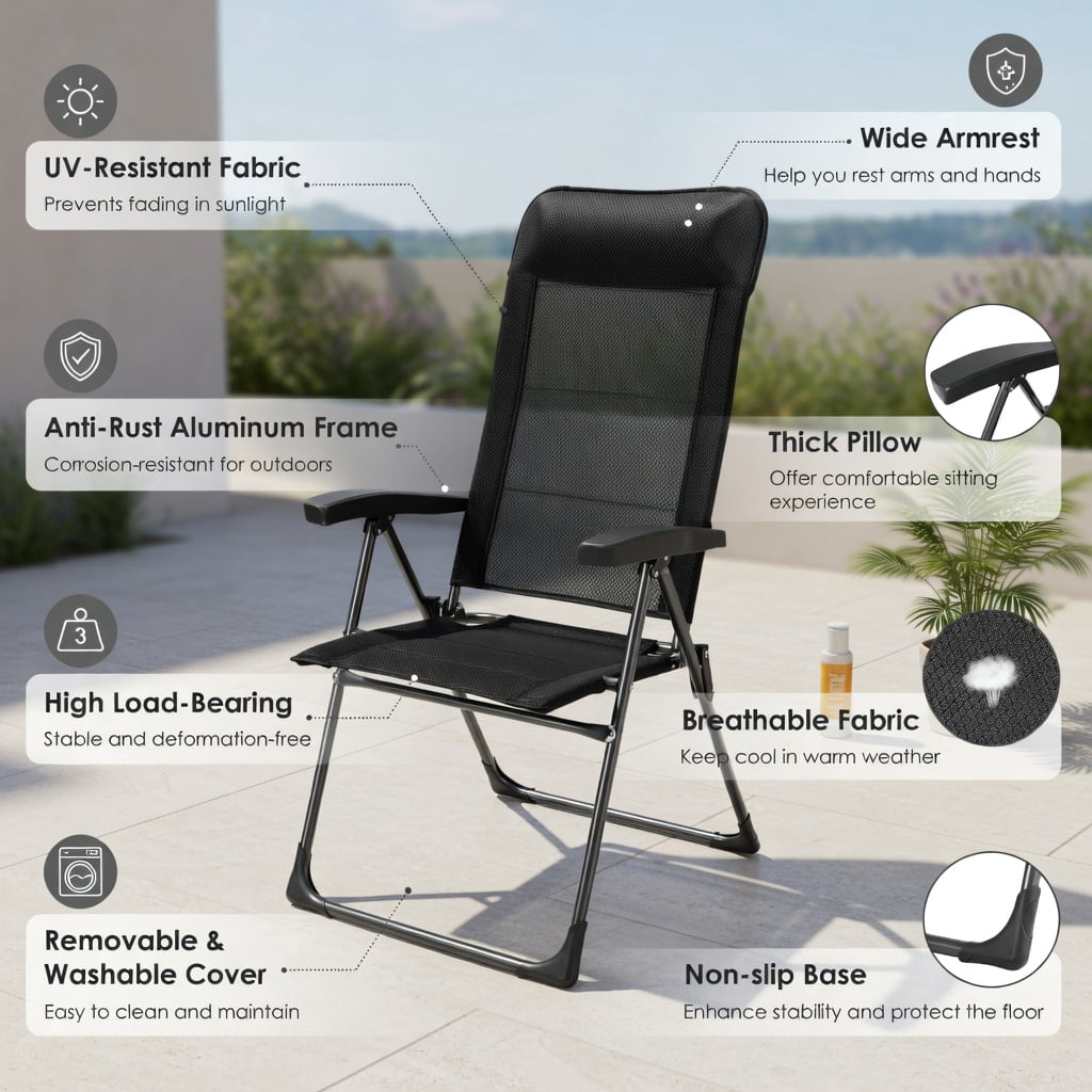 Hommoo 2-Pack Foldable Outdoor Dining Chairs with Adjustable Headrest & Reinforced Iron Frame, Portable Patio, Camping, Deck, and Poolside Seating, Black